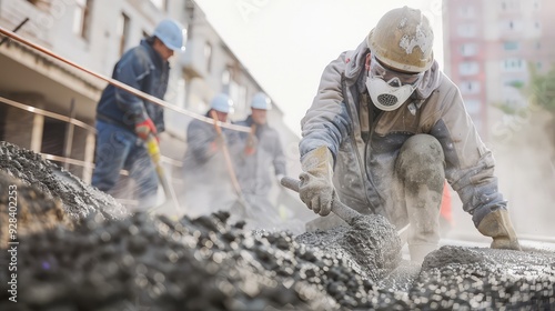 A construction worker in a dust mask and protective clothing, pouring concrete with a team, on a large urban construction project.