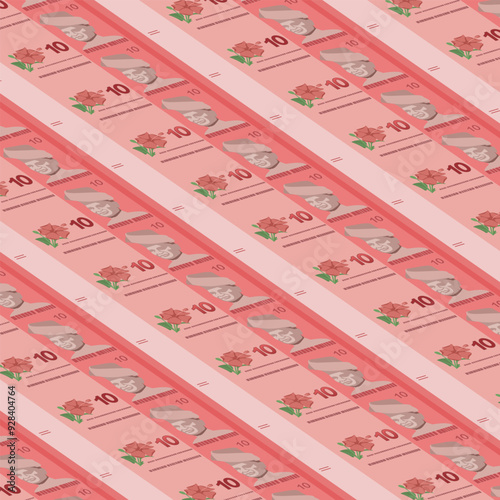 background full of Malaysia banknotes rm10 paper money. Sheet of currency Malaysia, Ringgit Malaysia banknote denomination ten Ringgit arranged background