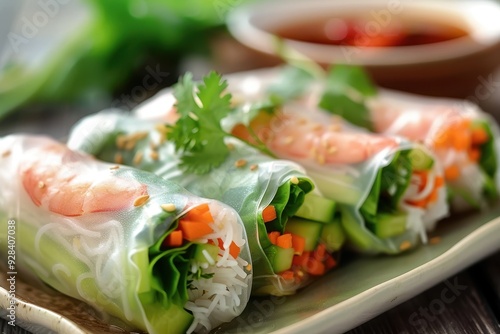 Fresh Vietnamese summer rolls with rice paper sauces a popular healthy appetizer in Vietnamese restaurants