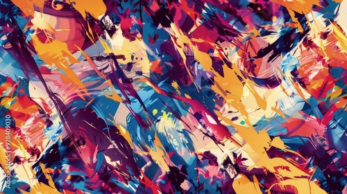 A continuous pattern of distorted, abstract figures and forms, painted with broad, gestural brushstrokes in a dynamic color scheme.