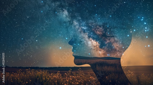 A creative representation of inner peace with a human head outline filled with a starry night sky and a peaceful meadow, reflecting tranquility and vastness.