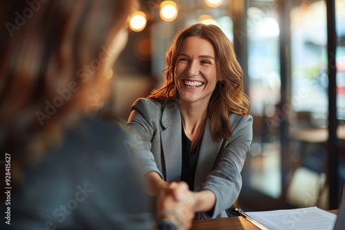 Happy mid aged business woman manager handshaking at office meeting. Smiling female hr hiring recruit at job interview, bank or insurance agent, lawyer making contract deal with client, Generative AI