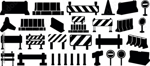 Traffic barrier, safety cone, road sign, and barricade icon in silhouette. Ideal for construction, road safety, or urban planning designs. Perfect for creating instructional or warning graphics.