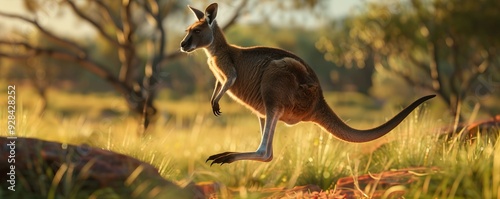 Energetic kangaroo hopping across the Australian outback, 4K hyperrealistic photo