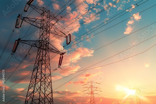 Silhouette of high voltage power lines against a fiery sunset.