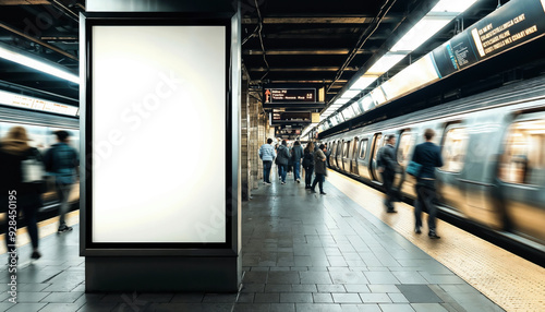 Blank billboard banner sign on subway station with people waiting for train