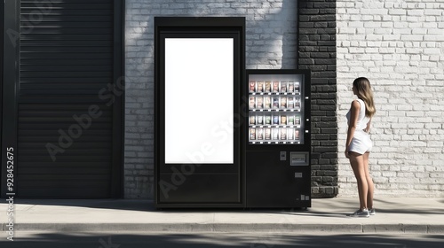 A woman stands in front of a modern vending machine on a city street during daylight near a textured brick wall