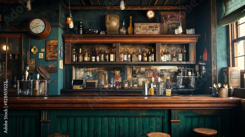 the counter bar in a cosy old english or irish pub with lots of whisky bottles in the background