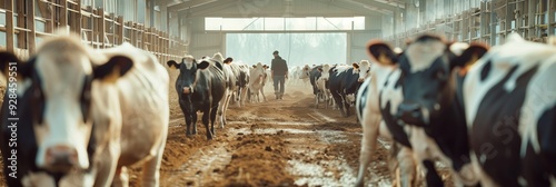 A herd of cows stands in a stable and is fed by the farmer