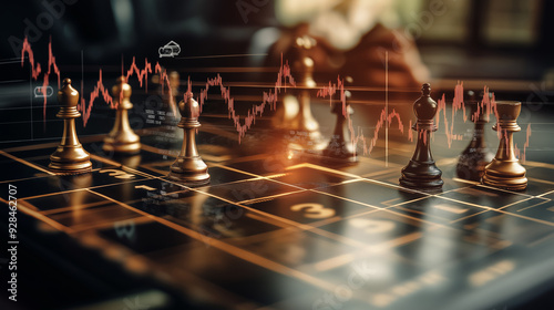 Abstract chessboard with financial symbols as chess pieces, [economy strategy], [concept of strategic financial planning in volatile markets]