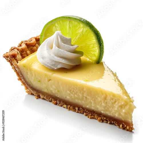 Delicious Slice of Key Lime Pie with Whipped Cream on White Background Isolated