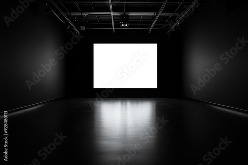 Empty dark room with a blank white screen on the wall, ideal for presentations or media projects.