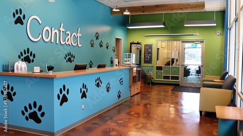 Pet adoption center with playful decor, "Contact" spelled out in a string of paw prints leading up to a friendly reception area. 