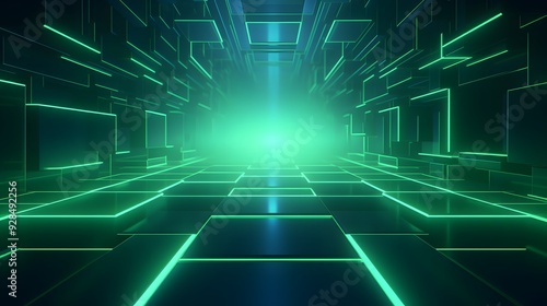 3d rendering of mind green and blue abstract geometric background. Scene for advertising, technology, showcase, banner, game, sport, cosmetic, business, metaverse. Sci-Fi Illustration. Product display