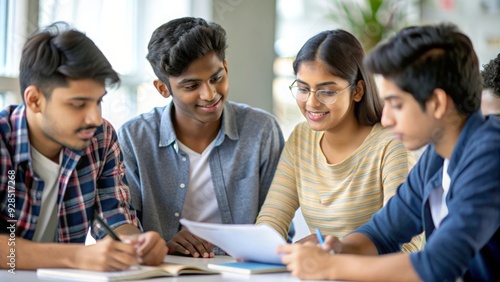 An Indian teenager collaborating with peers in a study group setting. 