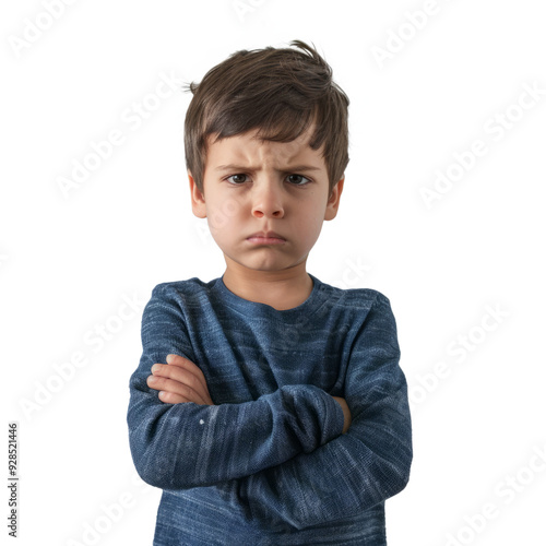 A frustrated little boy with his arms crossed and a deep frown, standing against a white backdrop.