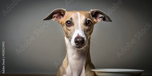 Slim whippet dog with short coat enjoys its meal, head tilted, ears back, and eyes fixed on food, against a clean and minimalist background.