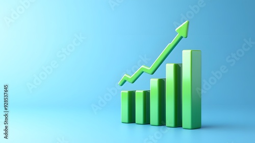 Green upward trend graph on blue background representing business growth, success, and positive financial performance.