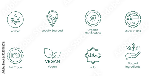 Kosher, Locally Sourced, Organic Certification, Made in USA, Fair Trade, Vegan, Halal, and Natural Ingredients Vector Illustration Icon Set