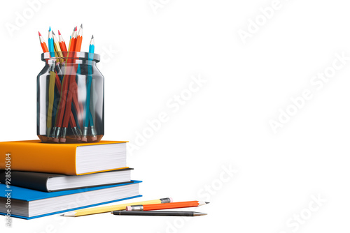 Books stacked with a jar of colorful pencils on top, isolated on white background. Concept of education and learning. 3D Rendering