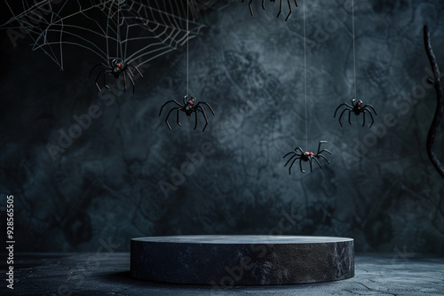 Dark empty podium for display product with spiders, Halloween concept. Generative AI