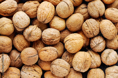 Top view of whole walnuts as background texture