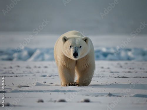 a striking shot of a polar bear walking across a frozen landscape