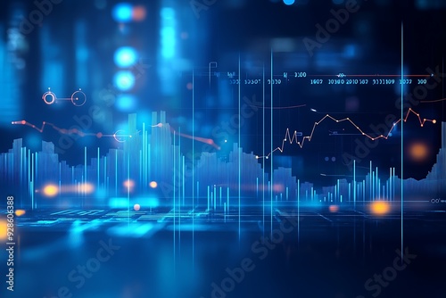 Dark-themed futuristic financial data analysis image with glowing line graphs and charts, blurred background.