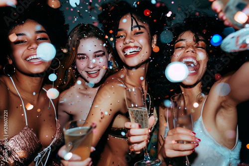 AI generated photo of beautiful girls celebrating New Year's Eve with champagne and confetti. Festive sparkle New year's party. Girl's night out