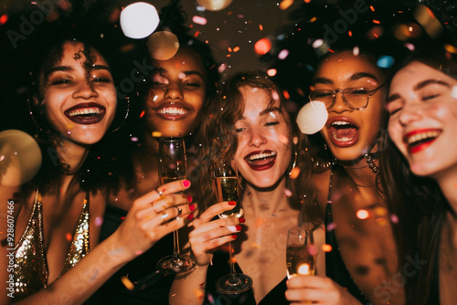 AI generated photo of beautiful girls celebrating New Year's Eve with champagne and confetti. Festive sparkle New year's party. Girl's night out