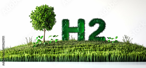 3D illustration background of Green Hydrogen Fuel. Isolated big sign H2 on the green grass next to tree on white background.