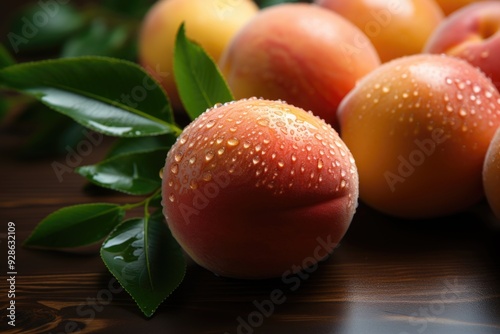 Upper view of the whole and half cut peach pattern on the wooden surface with a, generative IA