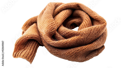 Cozy brown knitted scarf on transparent background 