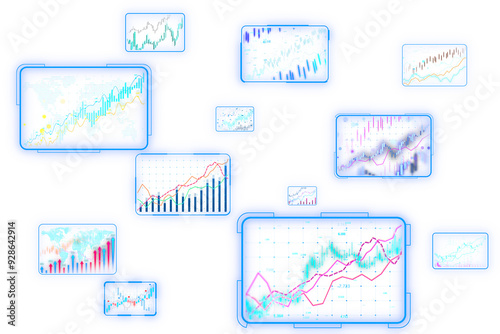 Multiple digital data screens displaying various financial charts and graphs on a white background. Concept of virtual data analysis. 3D Rendering