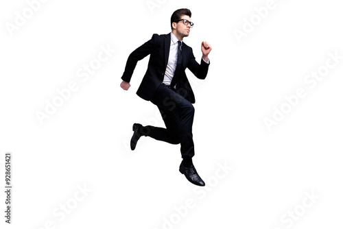 Full length body size view portrait of his he nice elegant imposing attractive worried guy diplomat white collar running fast career growth isolated on light gray background