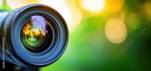 Close-up view of a camera lens with vibrant colors and bokeh background, perfect for photography enthusiasts and creative projects.