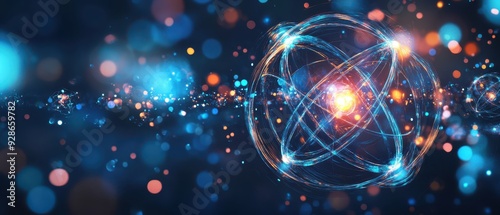 Quantum mechanics concept with electrons orbiting a nucleus, depicted with futuristic neon lights, atomic structure representation