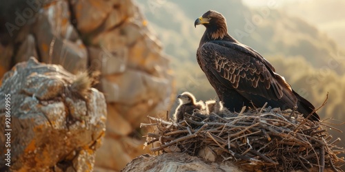 Golden eagle and eaglet in a nest on a cliff