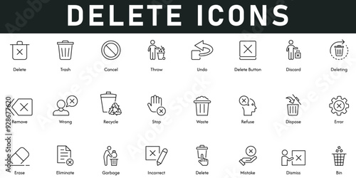 Delete Icons vector illustration with thin line editable stroke contains trash, cancel, throw, bin, undo, dismiss, incorrect, erase, error, dispose, refuse, recycle, stop, remove, wrong, discard