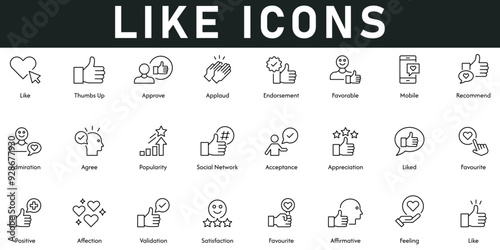 Like Icons vector illustration with thin line editable stroke contain thumbs up, approve, applaud, endorsement, recommend, feeling, favorite, validation, affection, positive, admiration, agree, social