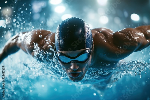 Homme nageant dans une piscine portant un bonnet de bain et des lunettes de natation, avec une expression intense sur le visage, entouré d'éclaboussures d'eau.