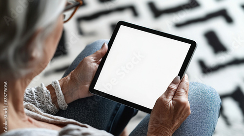 Senior person holding lap top with white empty display. 