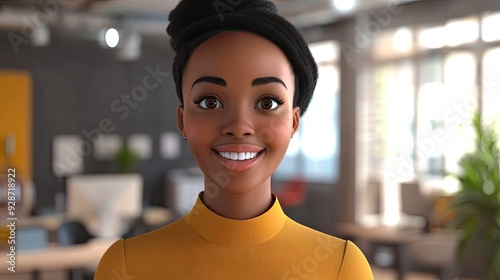 young african businesswoman in a 3d cartoon coworking office smiling at the camera resourceful empowered dedicated