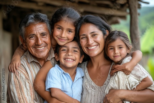 Portrait of a Latin family hugging in rural area - Happy Hispanic family in the village, Generative AI