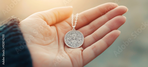 A close-up of a hand holding a silver pendant necklace, showcasing intricate designs in a beautiful, soft light.