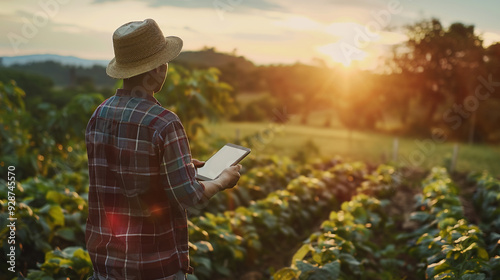 Farmer with a tablet computer in front of a sunset agricultural landscape. Countryside field. The concept of country life, food production, farming and technology concept