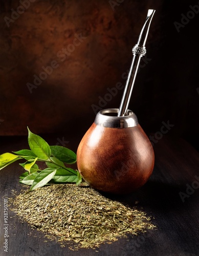  A still-life composition of a mate gourd, bombilla, and loose yerba mate leaves on a dark badground - argentinian drink