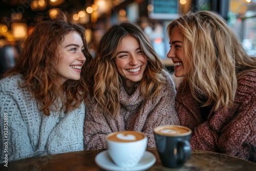 Group of female friends having a coffee together. Three women at cafe, talking, laughing and enjoying their time. Lifestyle and friendship concepts with real people, Generative AI