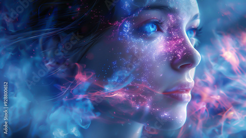 Imaginative beautiful woman with magical elements in 3D, showcasing enchanting features in a futuristic tone, Complementary Color Scheme