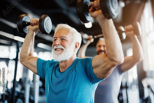 An energetic elderly fitness enthusiast demonstrates that a healthy lifestyle is achievable at any age, emphasizing the importance of staying active while working and exercising at the gym